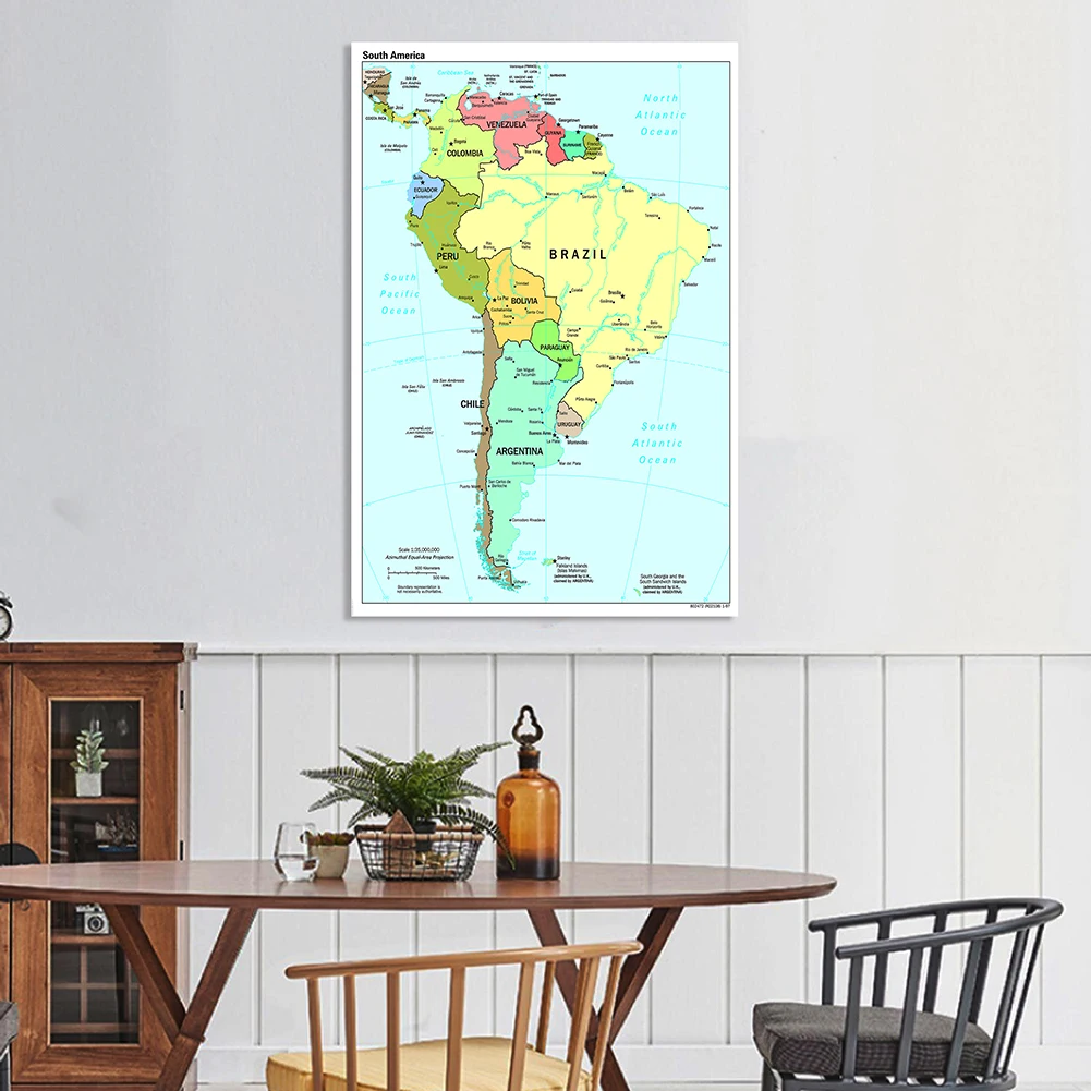 Map of South America in English Large Wall Poster Spray Canvas Painting Living Room Home Decor School Supplies 100*150cm