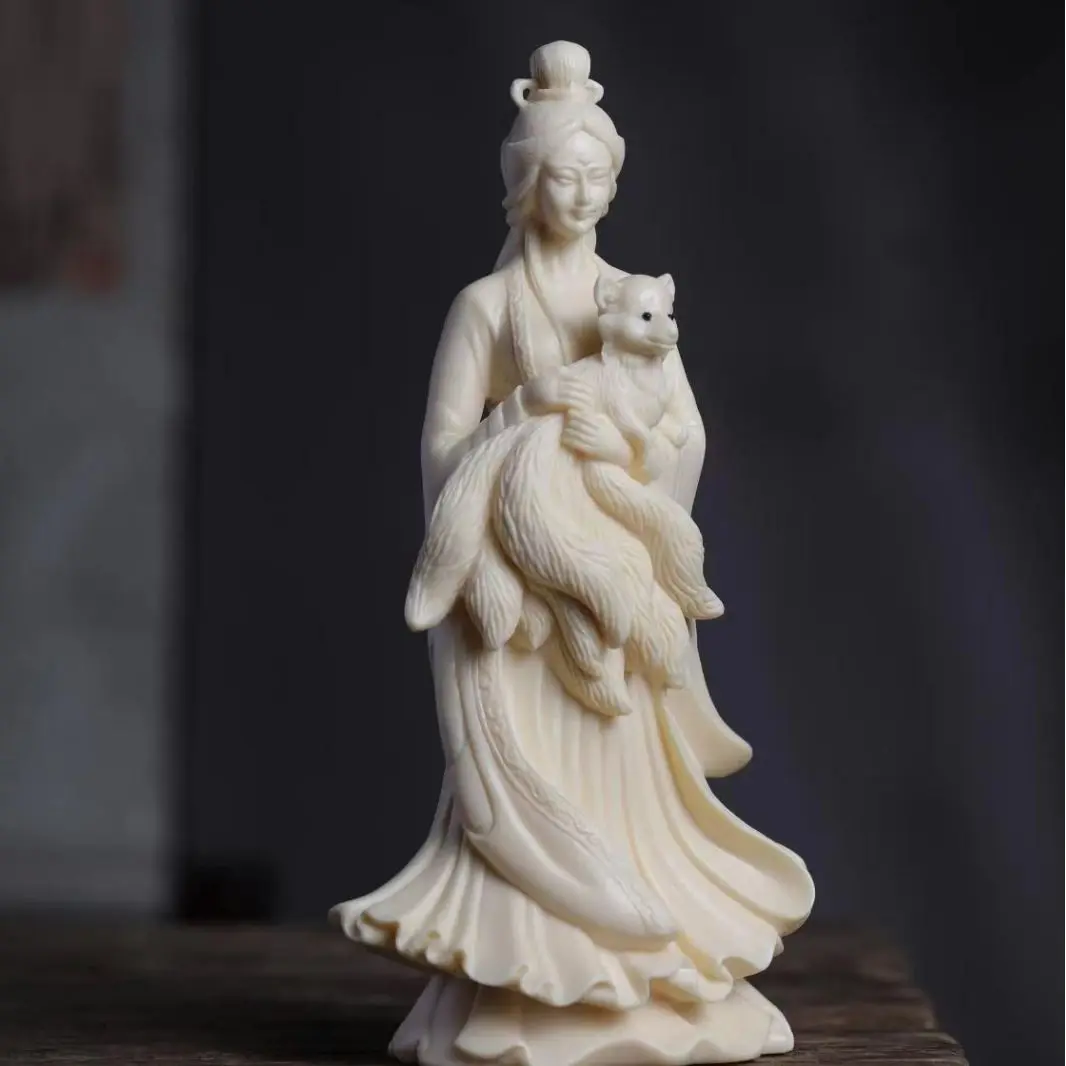 Ivory Nut Carved Nine‑Tailed Fox Fairy Figurine Office Desktop Wenwan Car Interior Character Craft Ornament