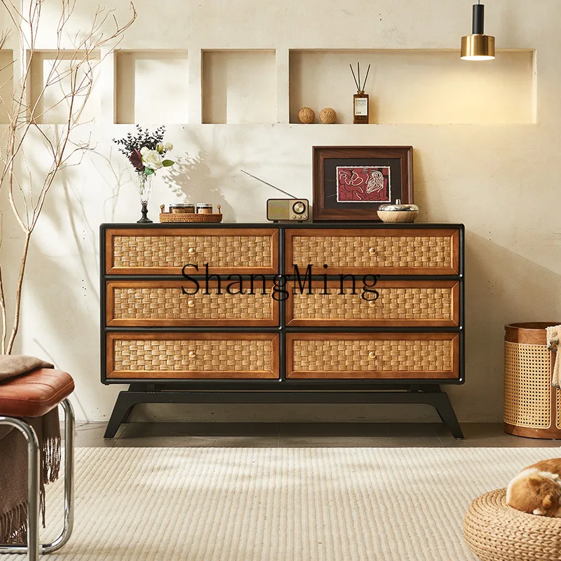 

ZYY solid wood wabi-sabi wind rattan six-chest cabinet simple modern dining side drawer storage locker