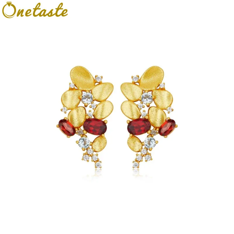 

Birthstone Garnet Topaz S925 Silver Gold Plated Stud Earrings Womens Cubic Zirconia Flower Cute Dainty Luxury Earring Party Gift