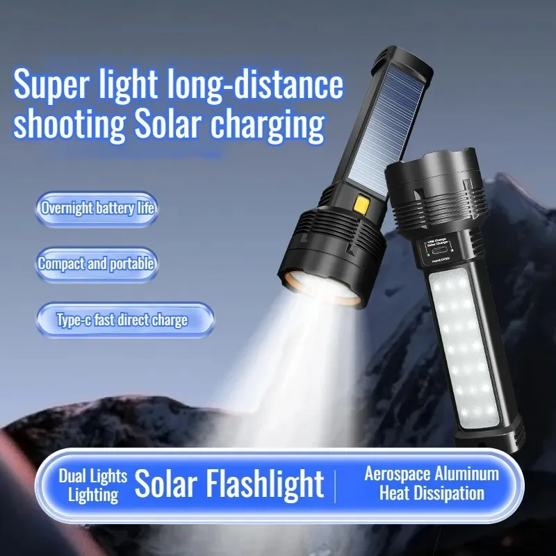 Portable Flashlight Outdoor Super Bright  Twocolor Side Light High Light Solar Flashlight TypeC Rechargeable Portable Small