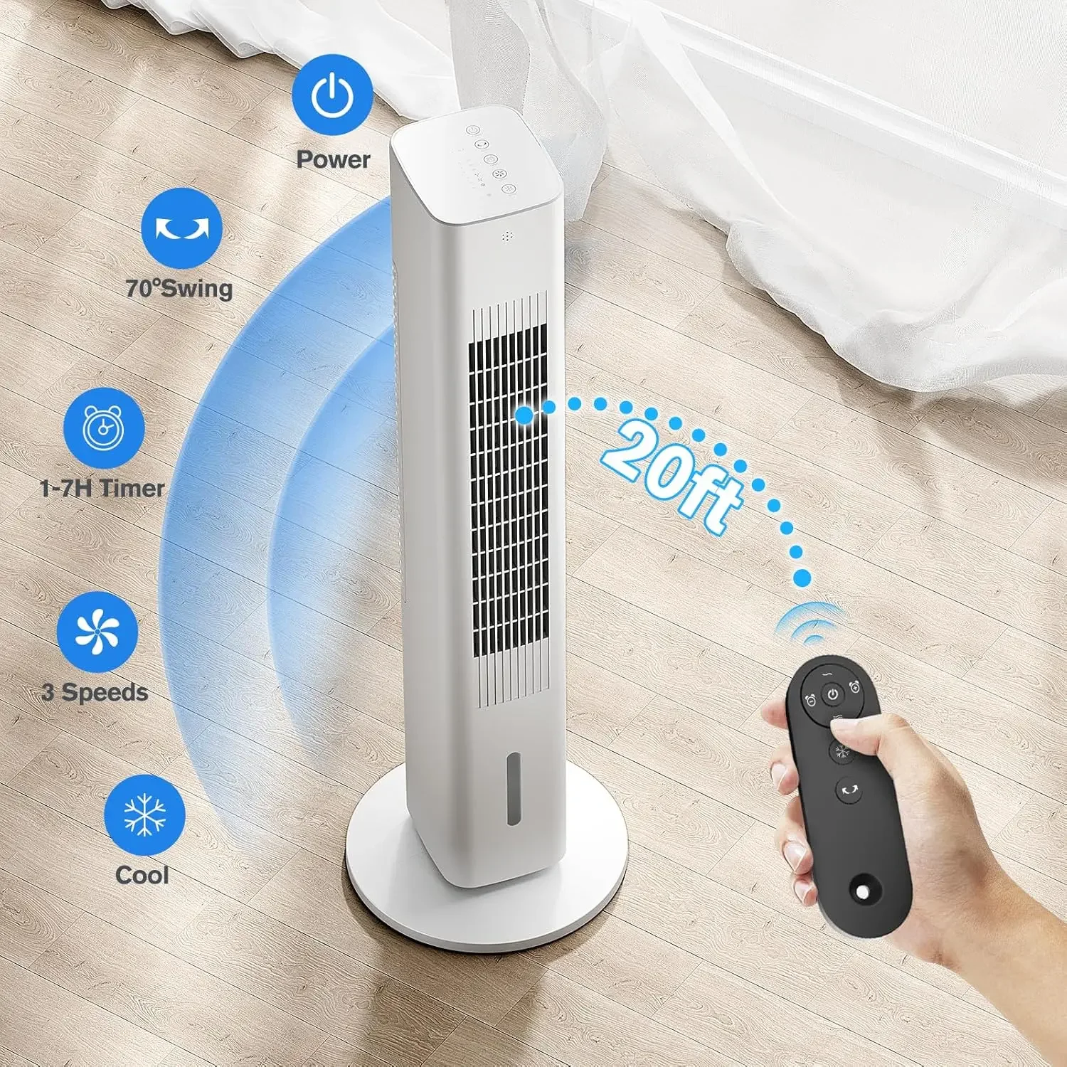 Aires acondicionados portátiles, ventilador de torre de enfriamiento de 35 pulgadas con control remoto, temporizador inteligente 7H y 70 °   Columpio, depósito de agua de 1,2 L con 3 paquetes de hielo, patito