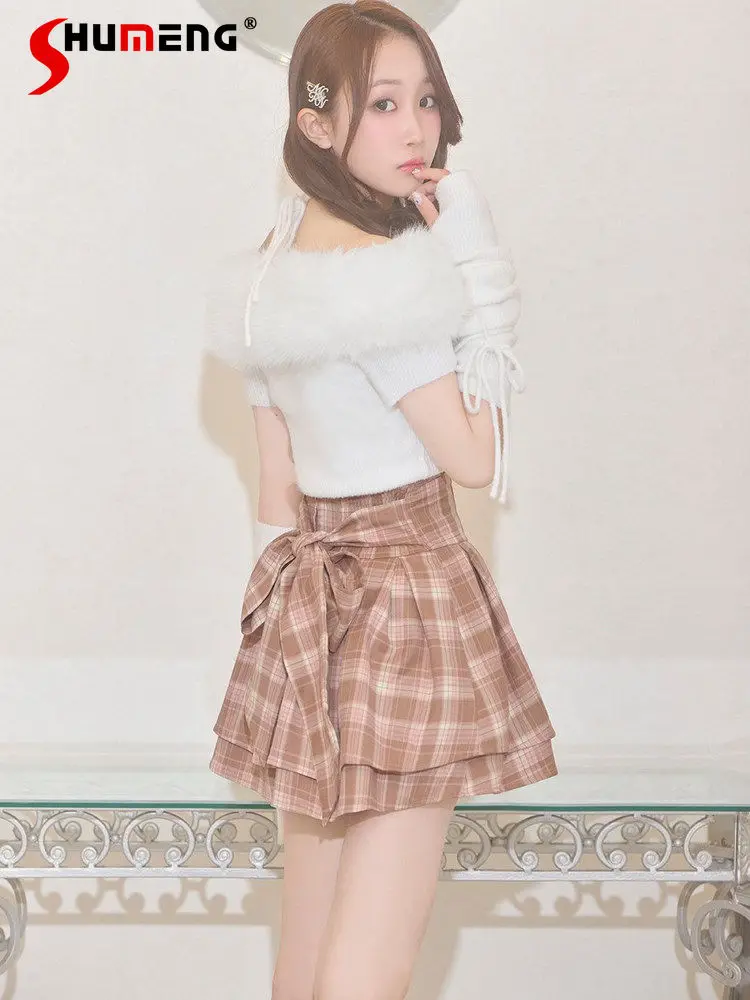 

Японская элегантная ретро-юбка в клетку с завышенной талией для девочек, с завязками сзади и бантом, милая универсальная короткая юбка для женщин, весна 2026