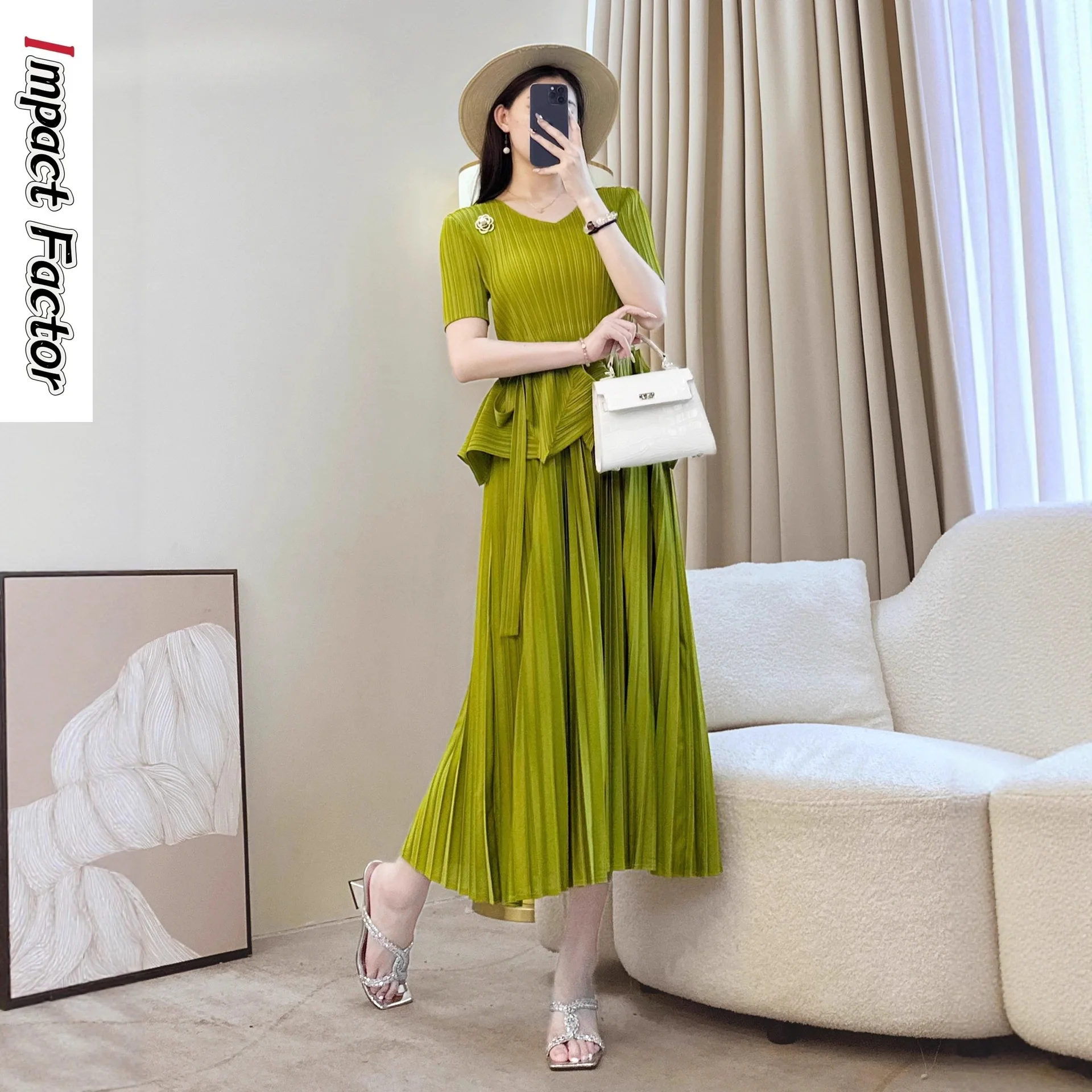 Miyake 2025 Summer New Color Waist Dress Pleated Elegant Temperament Thin Medium and Long Skirt Women