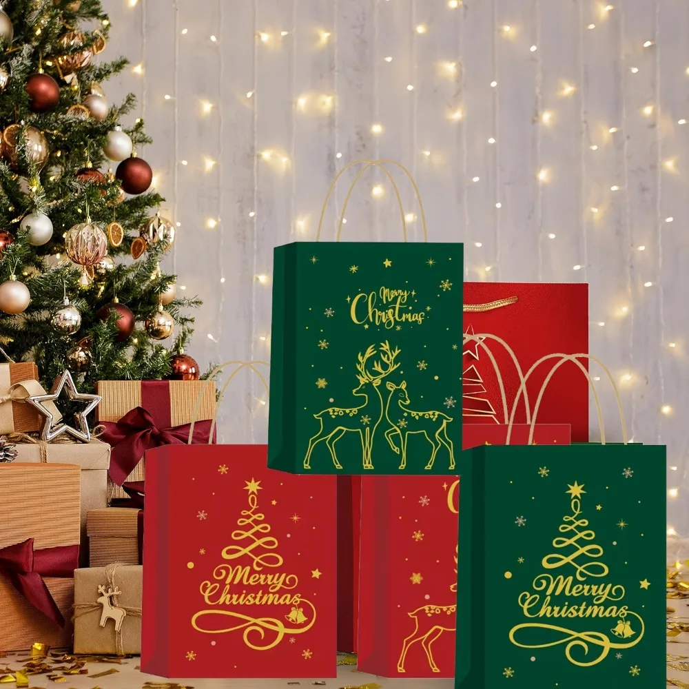 3/12 Pcs Christmas Gift Bag Set, Gold Tree Print Red Green Metallic Edge, Handled Holiday Gift Pouches image 3