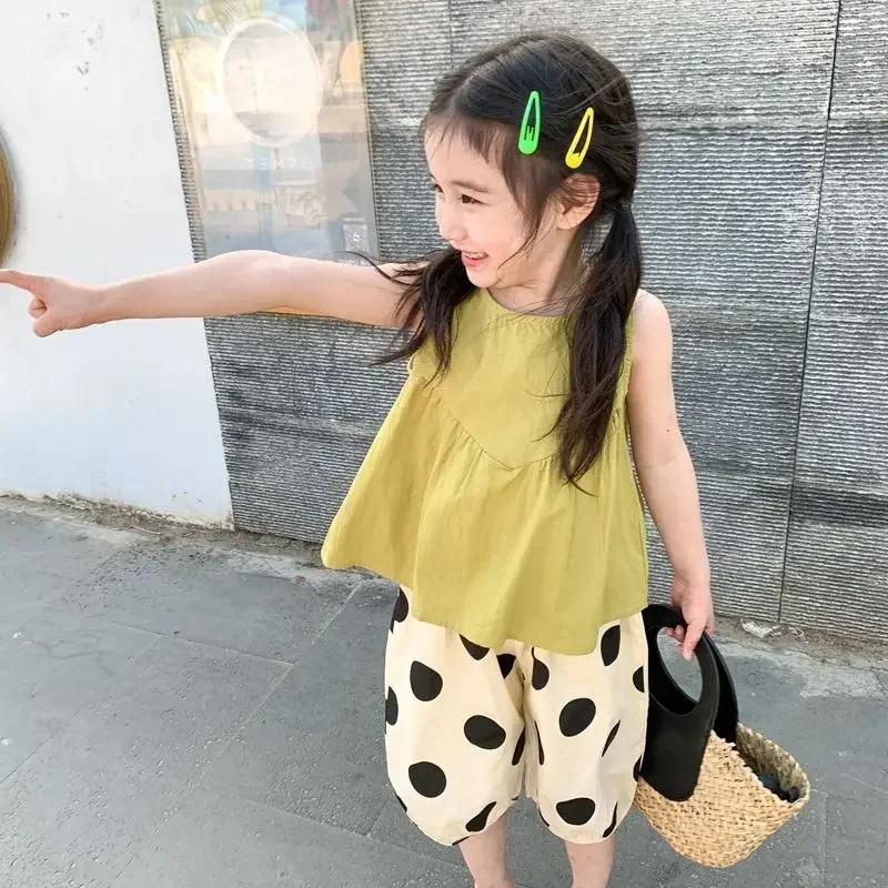 New Girl Summer Sets Girls Clothes Set Black Sleelvess Shirt and Dot Pants Toddler Brand Outfits Children Clothing Set