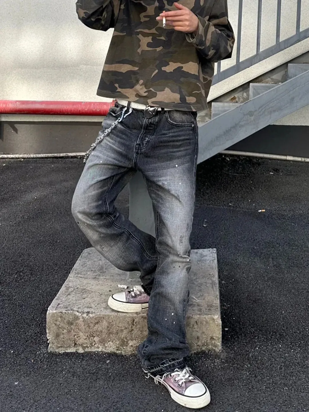 American Style Men's High Street CleanFit Torn Long Pants Knife  Flared Denim Jeans Black Grey Splat Fringe Straight Leg