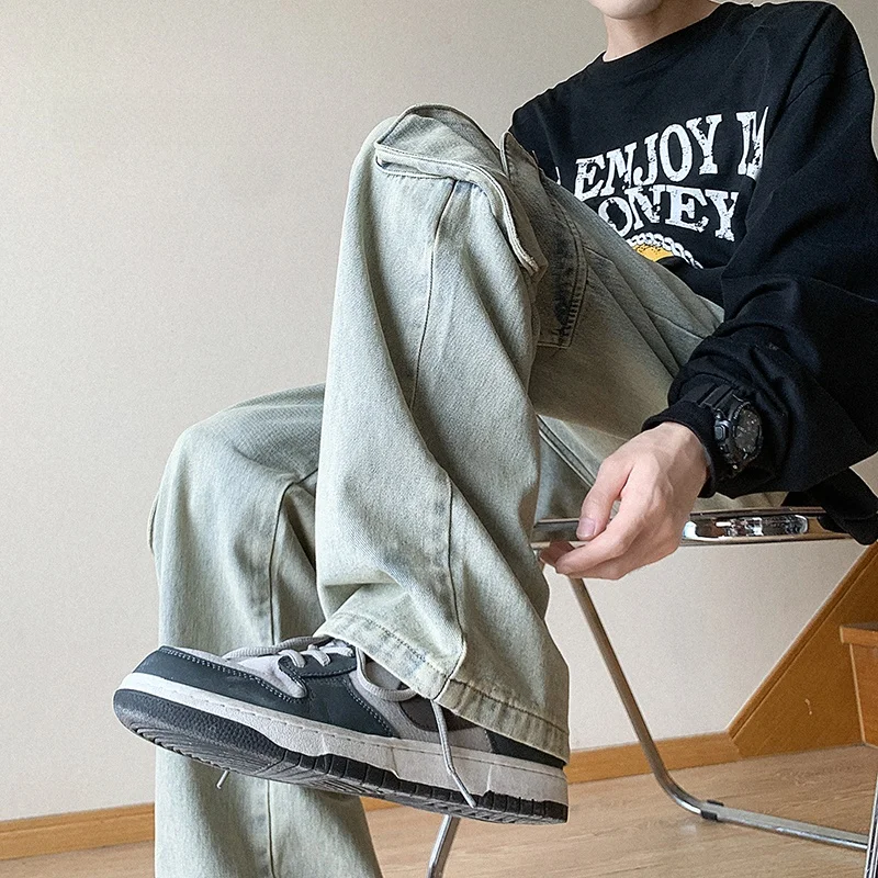 

American Retro Workwear Jeans Men's Spring Autumn New Trendy Straight Leg Loose Wide Leg Pants Durable Wear Resistant