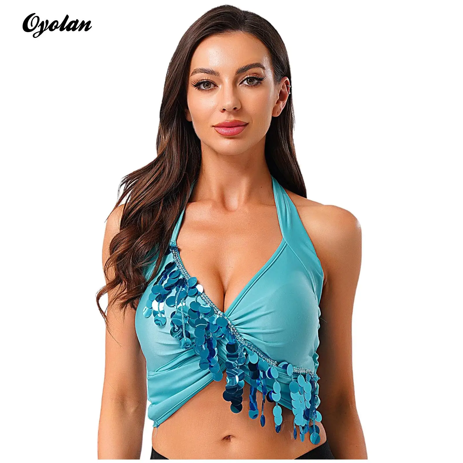 Womens Belly Dance Tops Hollow Out Bra Halter V Neck Sequin Tassel Padded Bra Dance Crop Top Performance Club Bellywood Costume