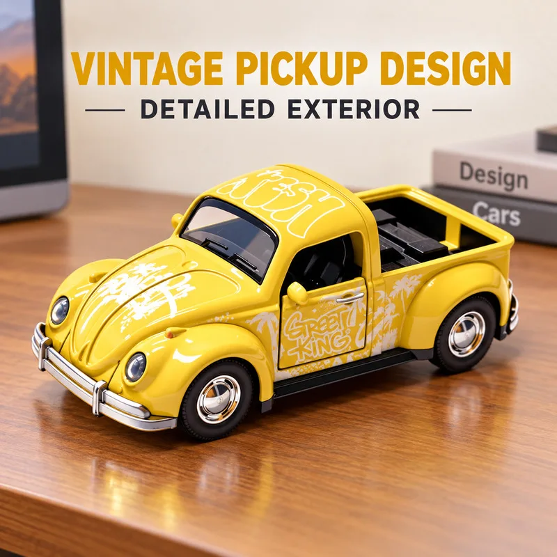 NEW  1:36 Vintage Beetle-Style Pickup Truck Alloy Pull-Back Model Car Opening Doors Diecast Collectible Christmas Birthday Gift - view 5