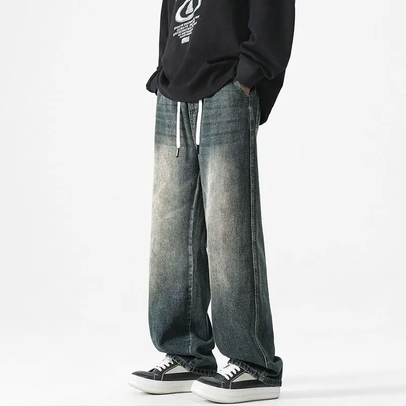 Men's Loose Jeans Washed Spring And Autumn Pants Straight Tube Loose Trendy High Street Casual Wide Leg Retro Blue Pants
