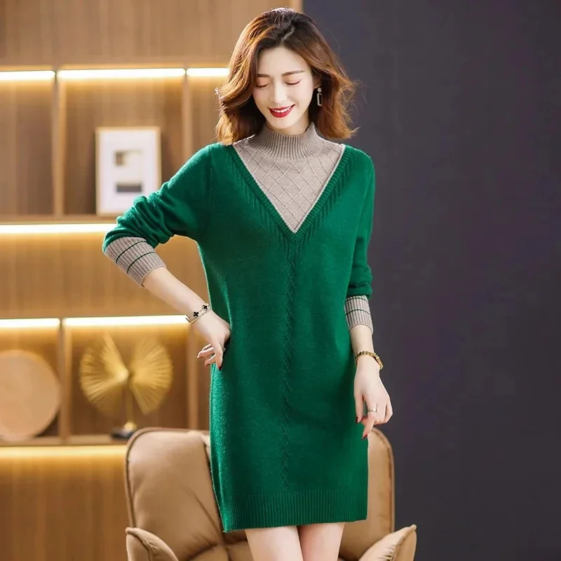 Long Sweater In Autumn Winter Women's Fashion Loose Pullover Dress Ladies Fake Two Pieces Semi-High Neck Knitted Bottoming Shirt