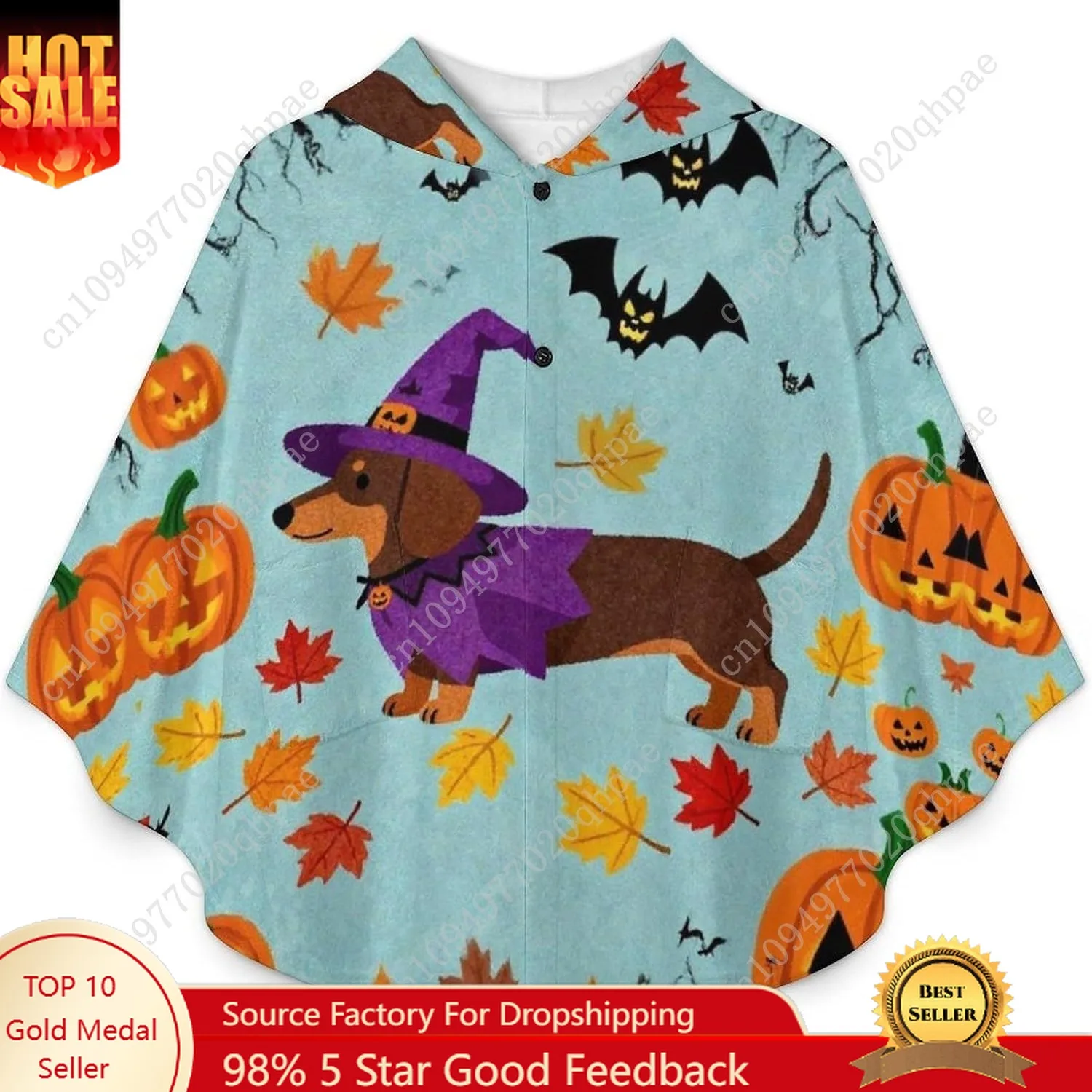 سترة بطانية مريحة من الفلانيل، هوديي كبير الحجم للهالوين Dachshund Bat Pumpkin مع جيوب للأطفال والمراهقين