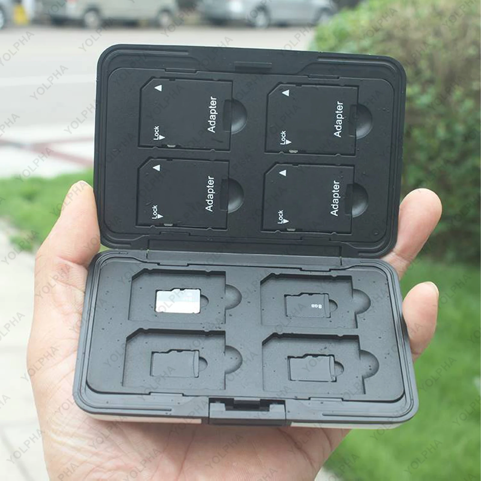 Caja de transporte de aluminio resistente a los golpes, estuche protector para almacenamiento de tarjetas de memoria, 8 ranuras para tarjetas SD SDHC MMC Micro SD TF, Metal plateado