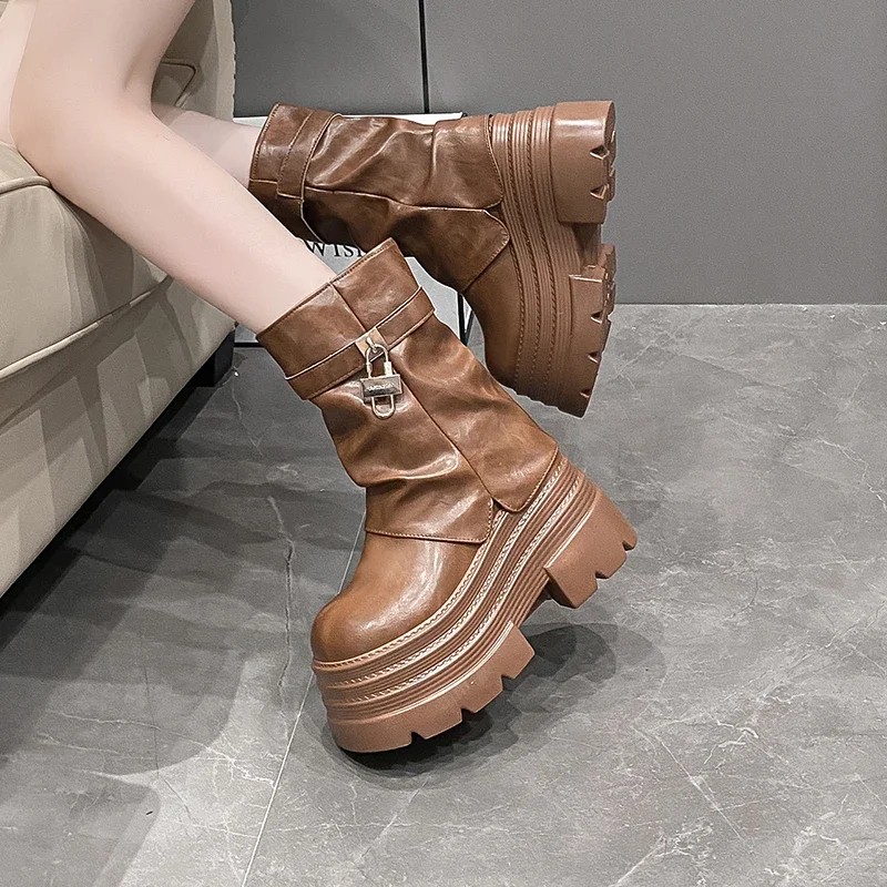 10CM Heels Women's Autumn Winter Leather Ankle Boots Chunky Platform Combat Boots New Non Slip Motorcycle Shoes Woman Punk Boots