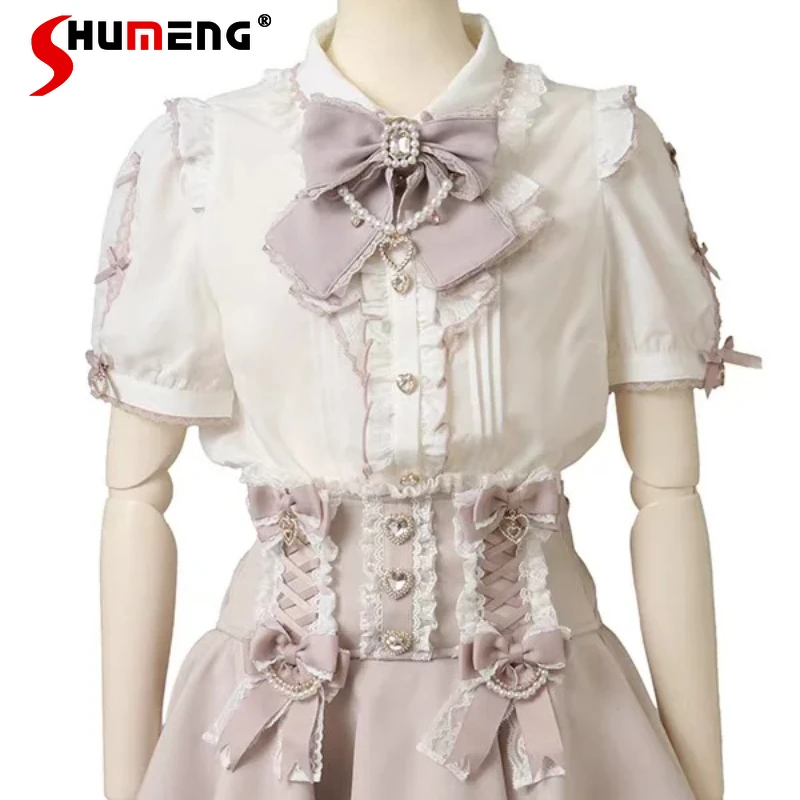 Japanese SC Mine Series Shirt Mass-Produced Lolita Sweet Bow Chain Heart Pendant Blouse Summer Short Sleeved Y2k Sweet Blusas