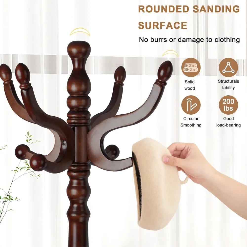 Solid Wood Coat Rack, Free Standing Hall Coat Tree with 11 Hooks, 2 Height Options, 270lbs Load, Stury Base, Clothes Rack for En