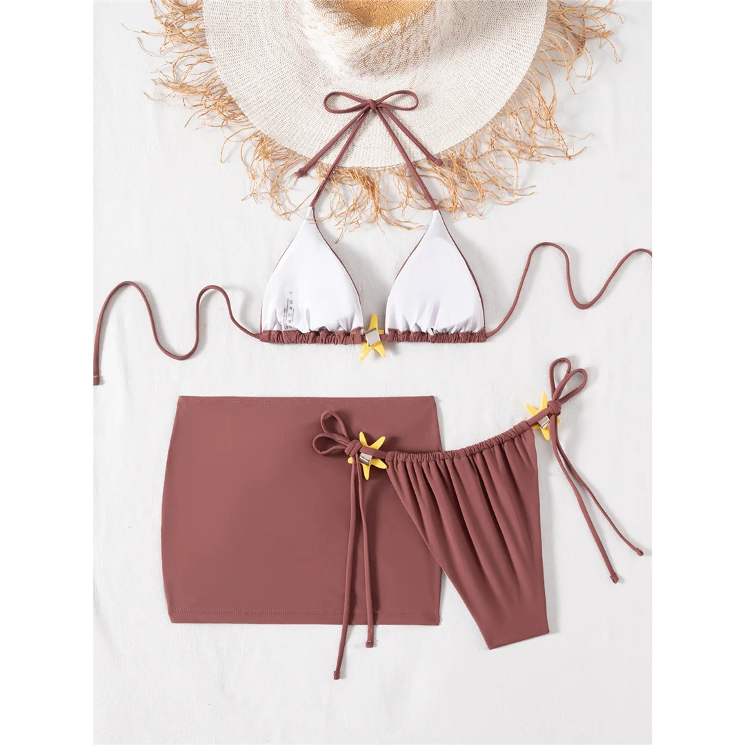 Mit Rock, Seestern-Motiv, Neckholder-Bikini, Damen-Badeanzug, Damen-Badebekleidung, dreiteiliges Bikini-Set, gepolsterter Badeanzug, Badebekleidung, Schwimmanzug V8178 – Detail 5