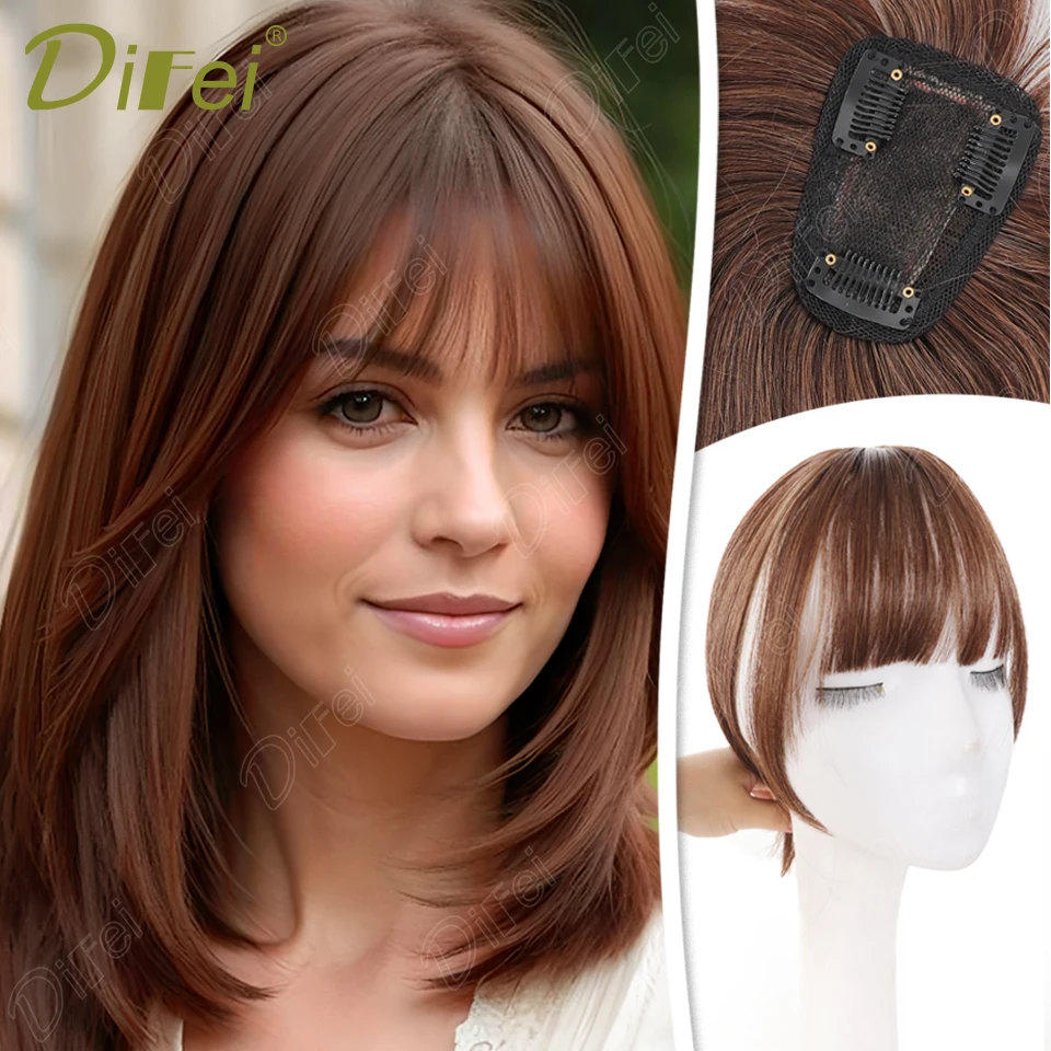 

DIFEI Synthetic Straight Hair Top Wig with Straight Bangs Invisible Increase Hair Volume Cover Gray Hair Top Wig With Bangs Wig