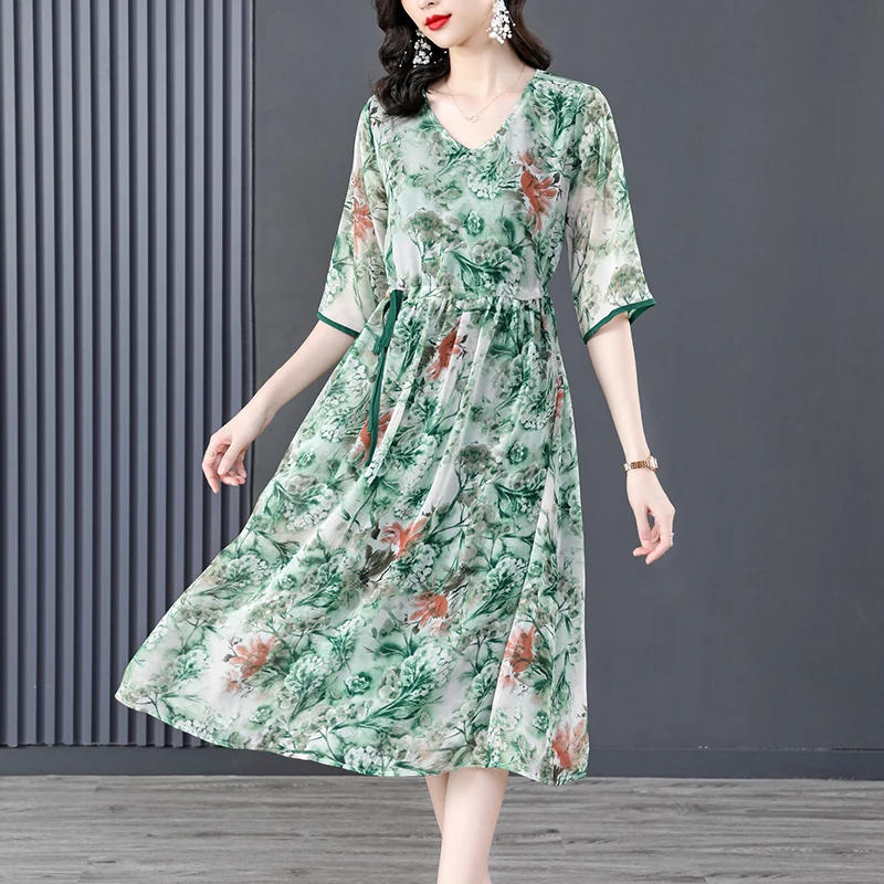 

2023 New Chiffon Silk Printed Dress Women's Spring Fashion V-Neck 5 Split Sleeve Loose Fit Casual Holiday Dress Vestidos