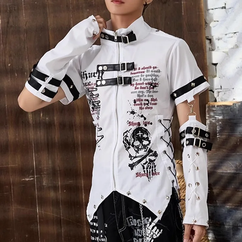 2023 Y2k Men\'s Shirt Kill Matt Rock Punk Clothes Japanese Korea Graffiti Skull Clothing Rivet Buckle Shirt with Visual Rivets