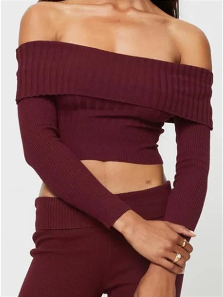 CHRONSTYLE Knitted Ribbed Long Sleeve T-shirts Crop Tops for Women Slash Neck Off Shoulder Slim Fit Solid Tees Shirts Streetwear