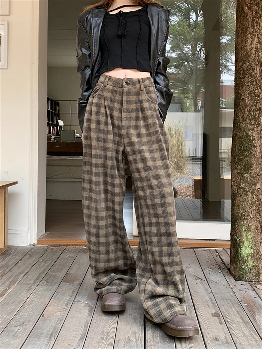 Alien Kitty Wide Leg Plaid Mopping Pants Women Loose 2023 Mujer High Waist Winter Fashion Casual Straight All Match Streetwear