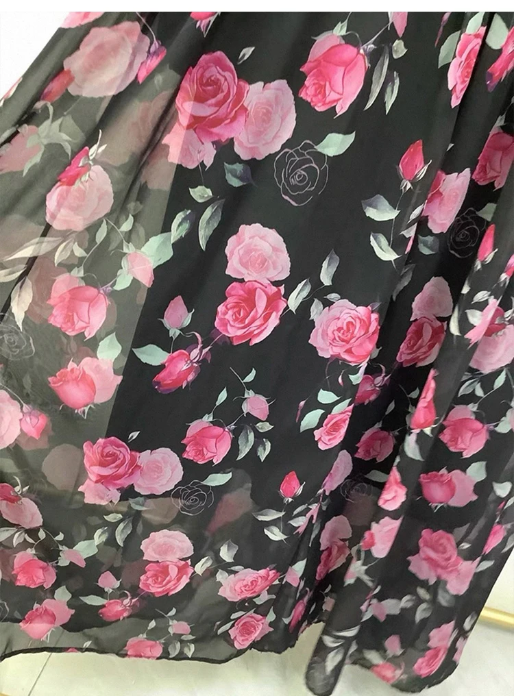 Spring Summer Runway Flower Evening Prom Dress For Women's V-Neck Long Lantern Sleeve Ruched High Waist Holiday Long Vestidos