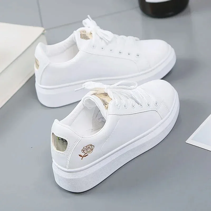 

Women Leather Pu Casual Shoes New Woman Shoes Fashion Embroidered White Sneakers Breathable Flower Lace-Up Women Sneakers