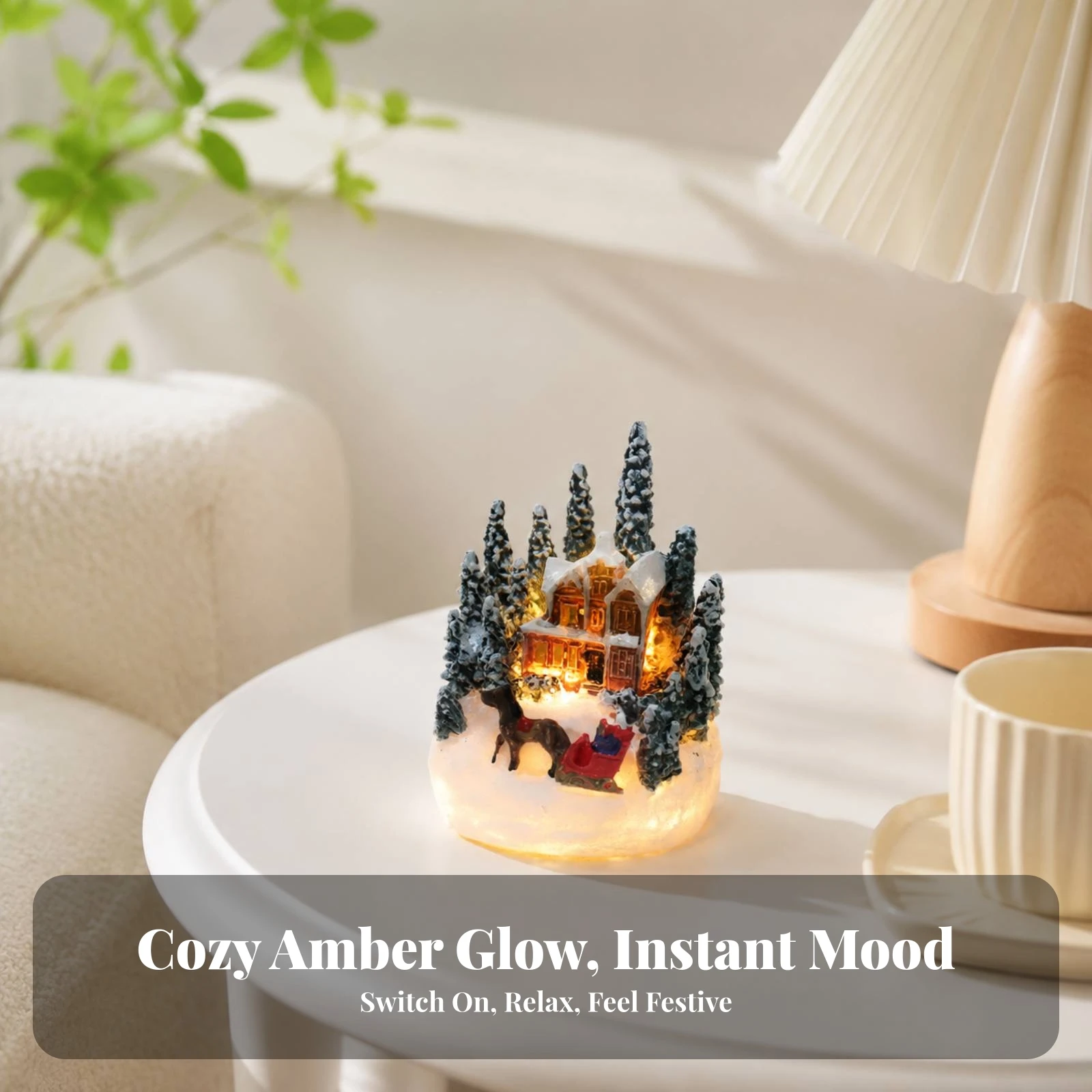 Resin Christmas House with Sleigh Scene Lighted Christmas House with Snow-Covered Roof Resin Ornaments Tabletop Fir Trees