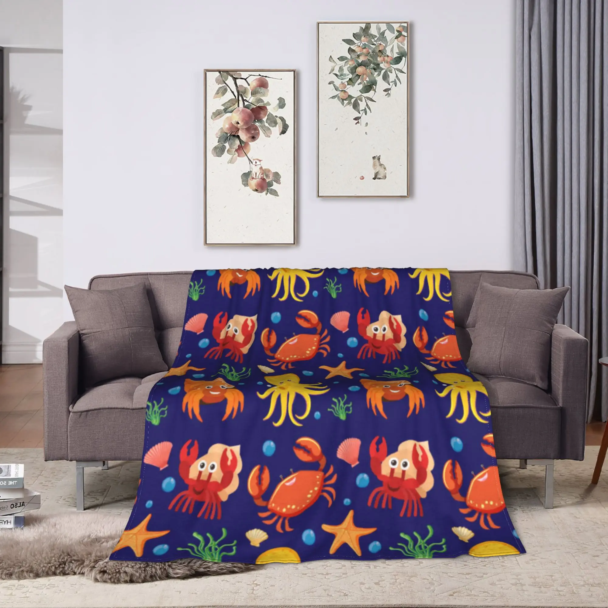 Marine Life With Crabs, Octopuses, And Shells Plush Blankets Girls Boys  Flannel Throw Blanket For Bedroom Warm Bedspread