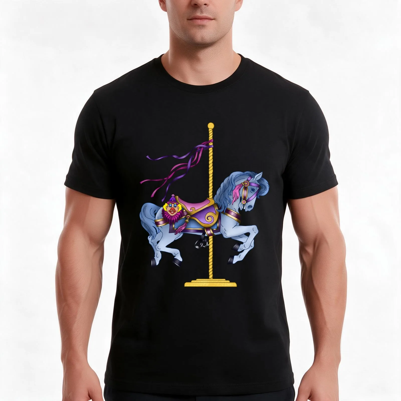 Carousel horse T-Shirt, Summer Casual Cotton Tee, Oversized Streetwear Tops, Vintage Graphic Print, Loose Fit Short Sleeve