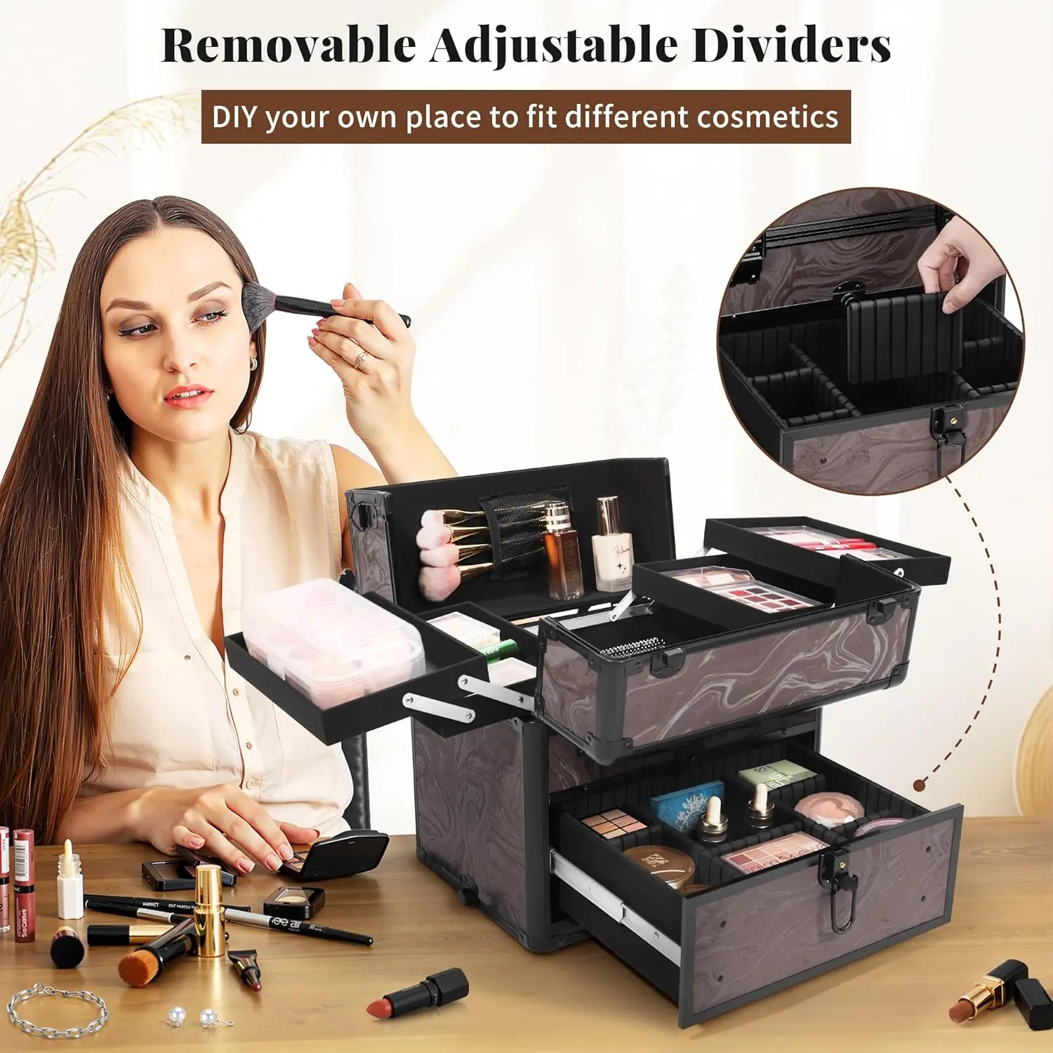 Rolling Makeup Cases with 3 Drawers Cosmetology Luggage on Wheels 5IN1 Makeup Train Case Make Up Organizer for Artist Salon Nail
