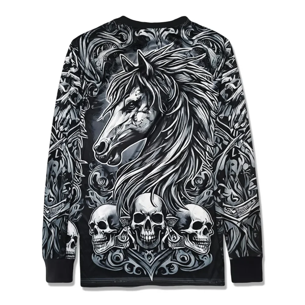 

Neutral Skull Horse Pattern T-shirt Long Sleeved Casual Sportswear Knight Quick Drying Men's Fitted Shirt Men's Top Halloween