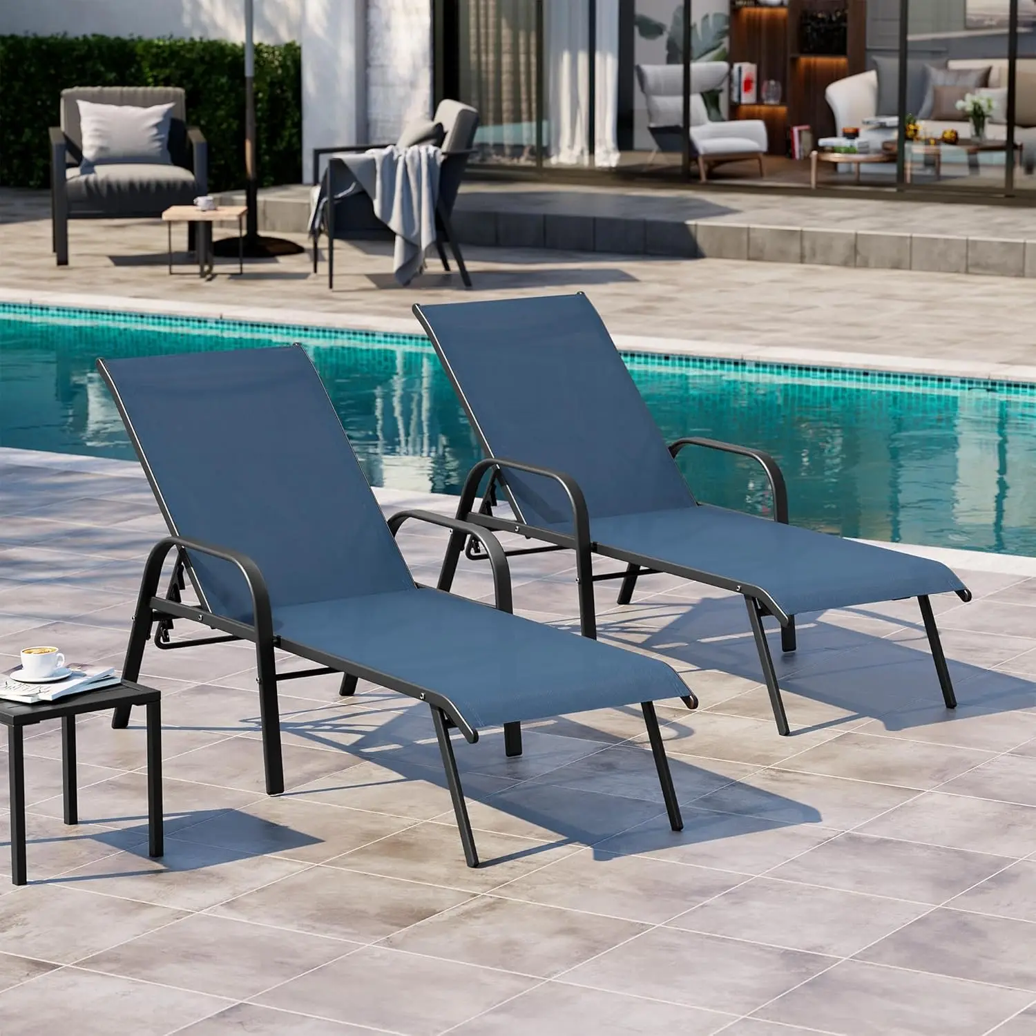 

Chaise Lounge Chair Outdoor with Armrests, Pool Lounge Chairs Set of 2,Adjustable 5 Positions Metal Sun Tanning Lounger for Pat