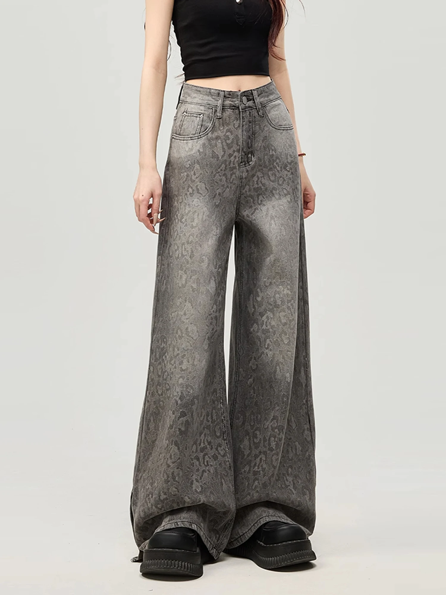 

Retro Women Brown High Waist American Finish Wide Leg Pants Y2K Streetwear Sweat Pants Autumn Leopard Print Straight Trouse