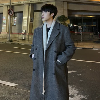 Men's Long Woolen Trench Coat 5 Winter Long Trenchcoat Men Korean-style Solid Double Breasted Woolen Coat Loose Casual Trench Outwear 2023 Solid Color Overcoats 5