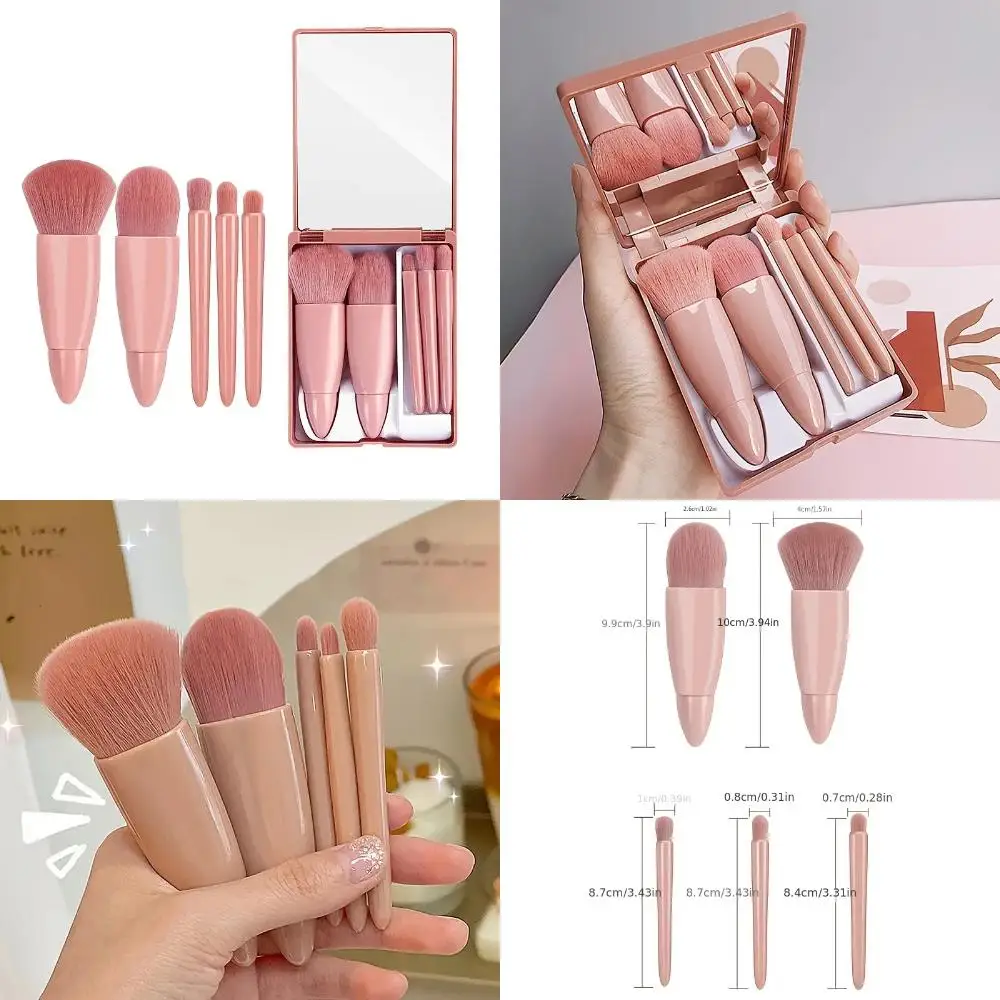 5pcs Makeup Brushes Sets with Translucent Box, Mirror, Face Foundation, Powder Blusher - Portable Travel Carry Make Up Tools