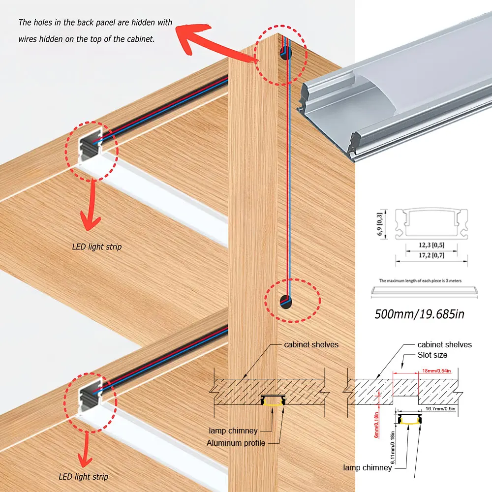 17*7mm 2pcs 0.5m LED Aluminum Profile Channel for Embedded Cabinet Closet Light Aluminium LED Strip with Transparent Cover