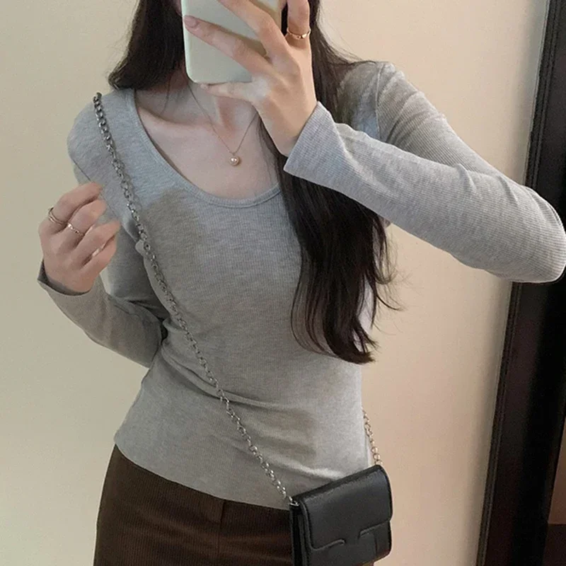 

Pop Women Casual Long Sleeve T Shirt Spring Autumn Clothes Solid Slim Pullovers Tshirts Female Streetwear Basic Tees O Neck Tops