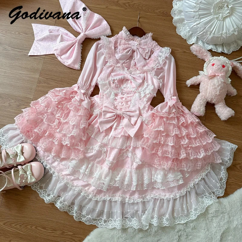 Super Fairy Lolita Dress Set New Spring and Autumn Sweet Girl Women\'s Flower Lace Bow Shirt Princess Jsk Suspender Dress