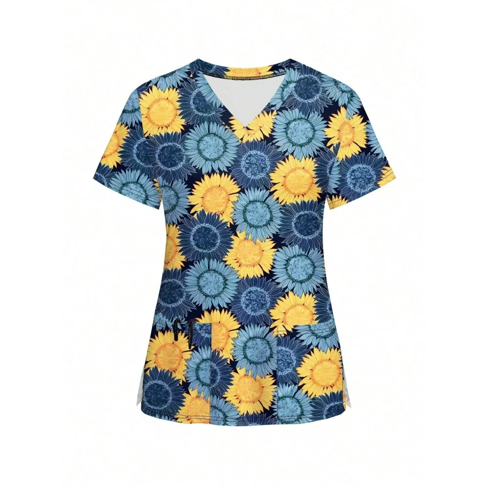 花 3D プリントナース制服花 V ネックポケット看護スクラブトップス女性作業服服オーバーオール医療制服レディース