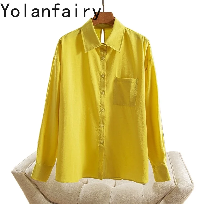 

YOLANFAIRY 76% Mulberry Silk 24%Nylon Shirt Women Clothes 2026 Spring Summer Loose Yellow Shirts Fashion Long Sleeve Tops Blouse