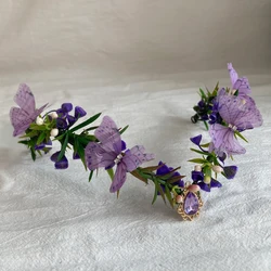 Purple Flower Headpiece - Fairy Floral Crown Woodland Elf Headband Forest Wreath Elven Tiara for Renaissance Cosplay Wedding