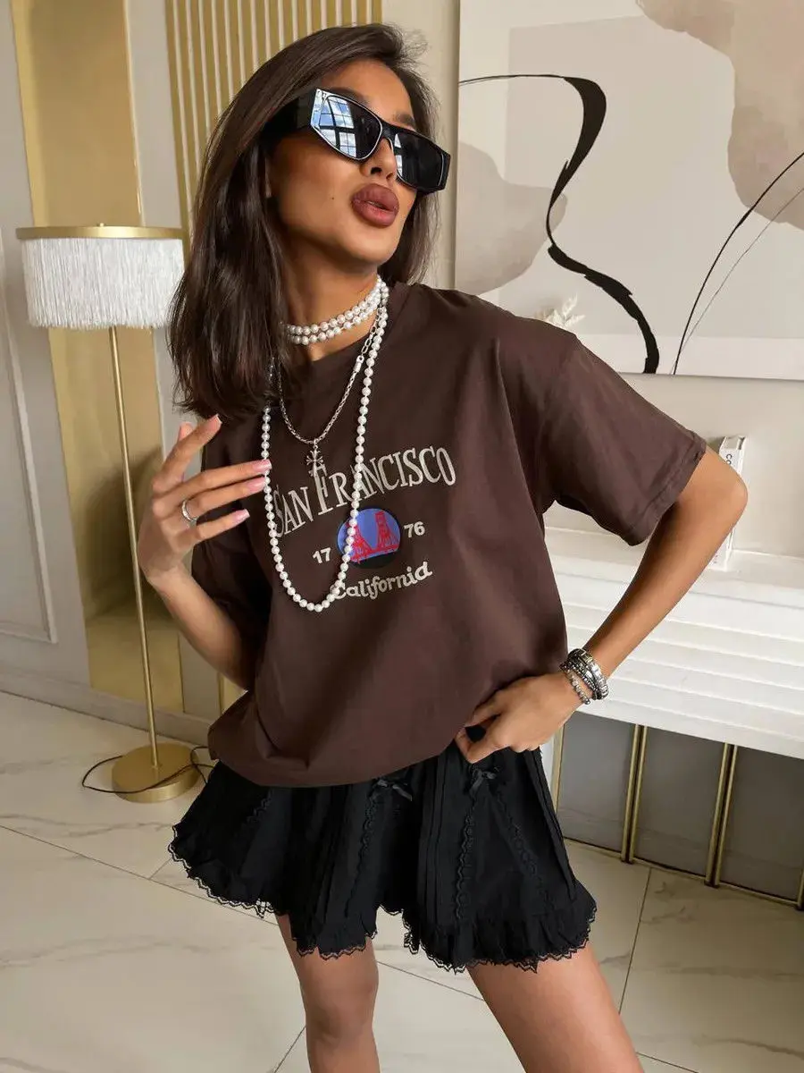 Europejska moda Estetyczna koszulka graficzna Klasyczny wzór T-shirty Czysta bawełna 5 kolorów Duży rozmiar Oversize Topy Letnie wygodne