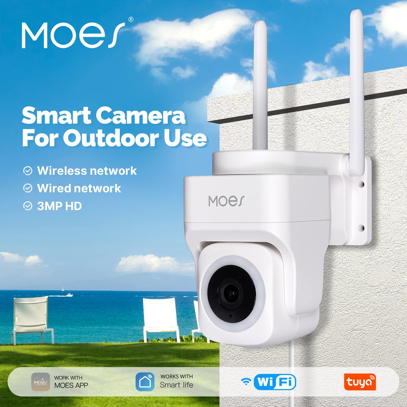 MOES Tuya WiFi 3MP Smart Security Camera Support Wireless &Wired RJ45 Network IP65 Waterproof Motion Tracking Full Color Night