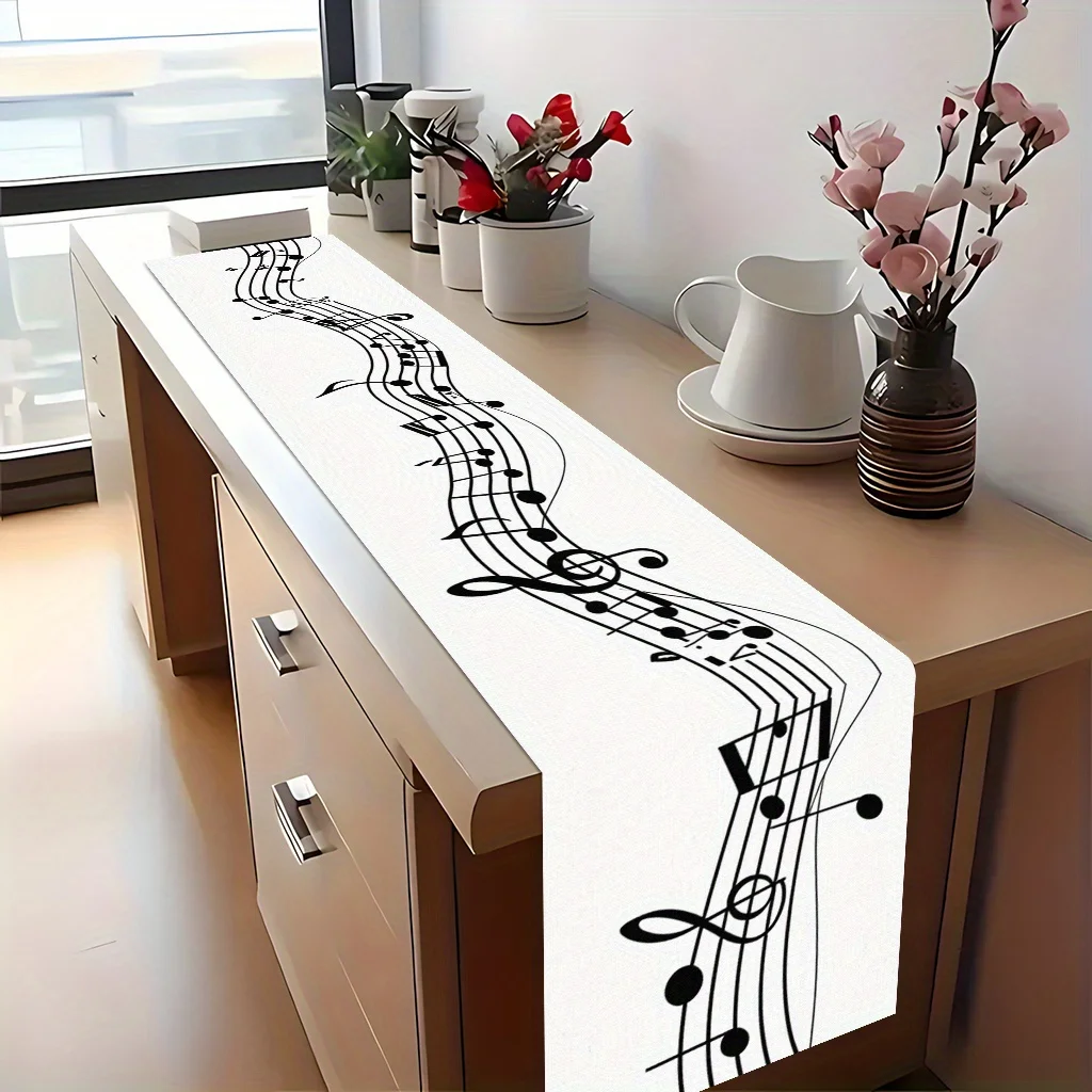 Black White Musical Staff Print Polyester Table Runner Rectangular Kitchen Dinner Wedding Holiday Table Decor