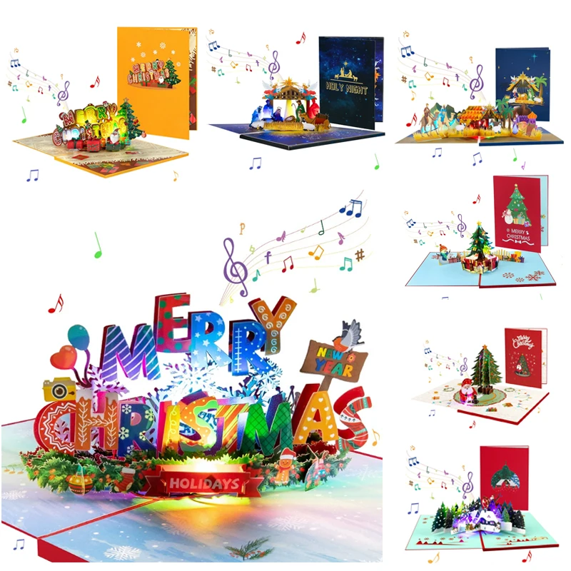 

3D Christmas Blessings Card Music Light Gift Santa Xmas Festival NewYear Winter Holiday Popup Greeting Cards with Envelopes