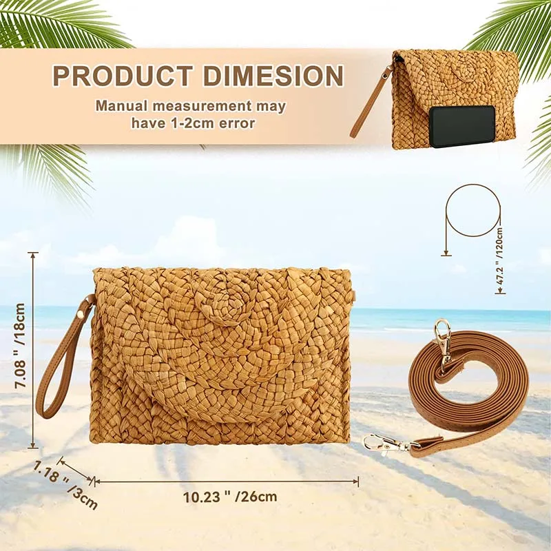 Straw Clutches Beach Bag For Women Summer Crossbody Straw Bag With Bag Strap Rural Style Woven Shoulder Bag Casual Purse Wallets