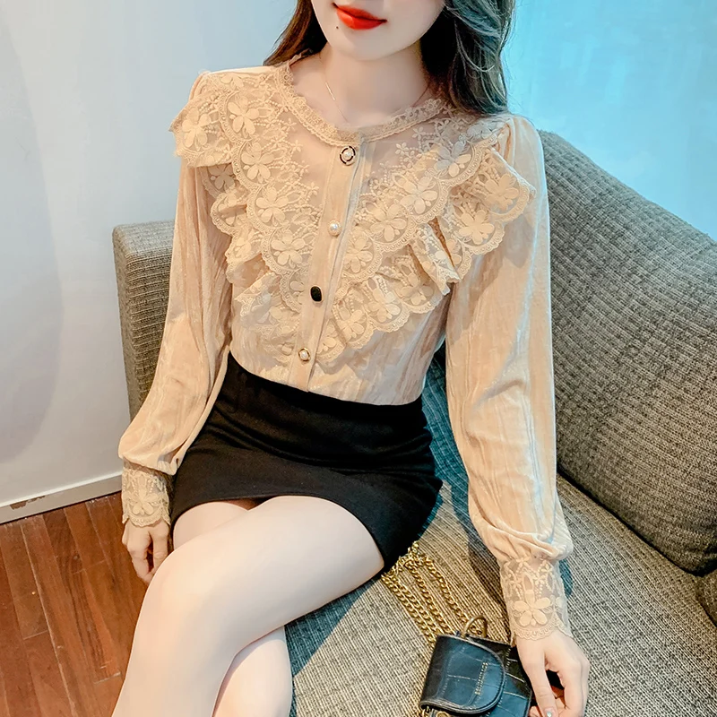 New Korean Fashion Ladies Lace Stitching Shirts Blouses Casual Women Tops Female Woman Button Up Shirt Girl Long Sleeve Blouse 2